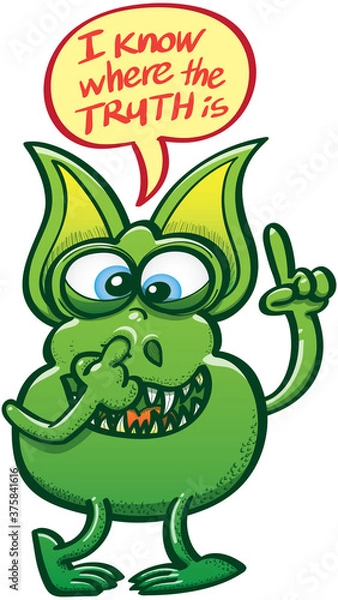 Fototapeta Alien pretending to finally know where to find the truth. At the same time he's lots of fun when introducing its finger into his nose to get snots. He shows a text saying "I know where the truth is"