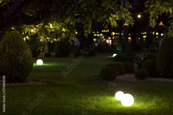 Fototapeta illumination backyard light garden with electric ground lantern with round diffuser lamp with garland of light bulb on tree branch, festive party decor landscaping with illuminate night scene, nobody.