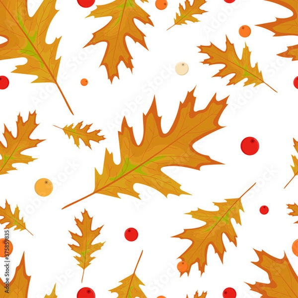 Fototapeta Autumn red oak leaves seamless pattern. Fall season ornament on white background.