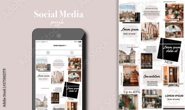 Fototapeta Social Media Puzzle Template Pack for creature your unique content. Mockup for personal blog. Modern ultra endless design banner, screen. app editorial service. Endless square puzzle for promotion.