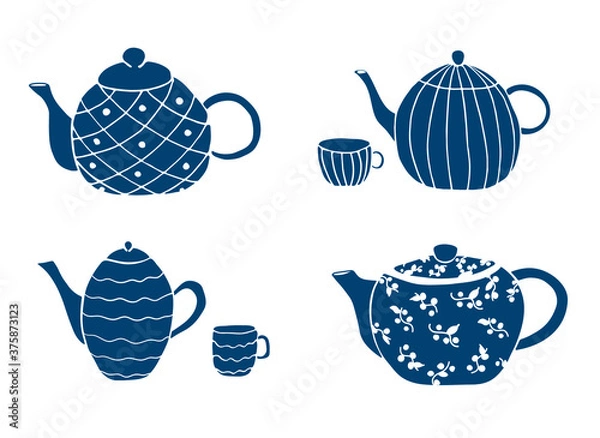 Fototapeta Set of tea pots silhouette with cups with ornaments. In blue color. Vector isolated