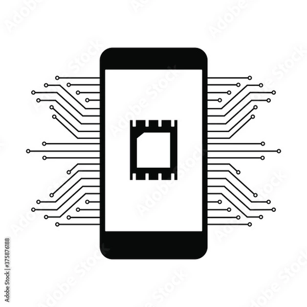 Fototapeta Mobile telecommunications technology symbol eSIM concept. Mobile phone with circuit board pattern on white background. 