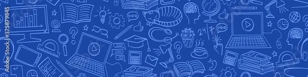 Obraz Online education seamless horizontal border. Internet learning doodles on blue background. Vector illustration.