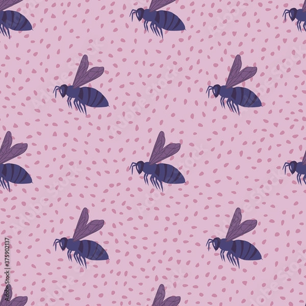 Fototapeta Purple simple bees silhouettes seamless pattern. Light lilac background with dots.