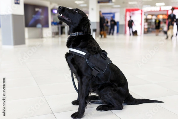 Fototapeta Close up portrait of a dog for detecting drugs at the airport standing near the airport.