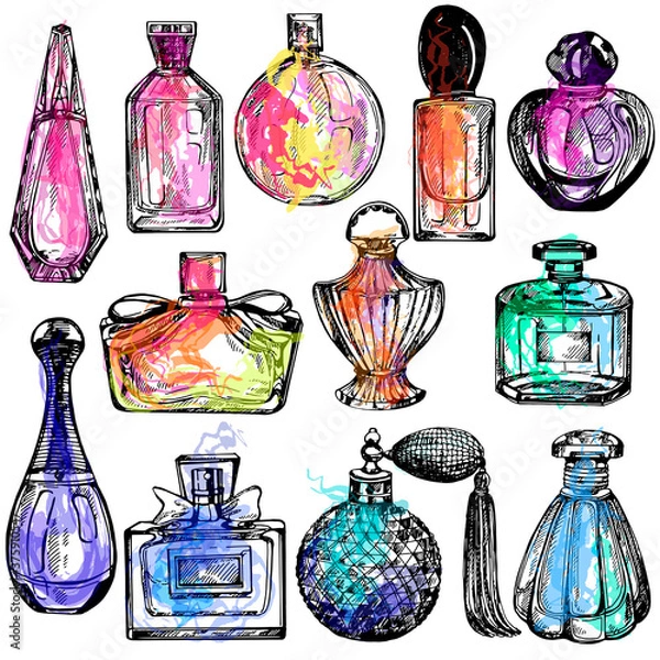 Fototapeta Set of hand drawn sketch style colorful bottles of perfume isolated on white background. Vector illustration.