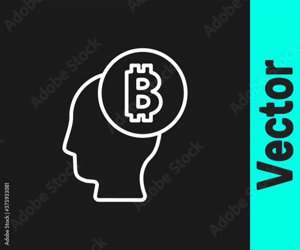 Fototapeta White line Bitcoin think icon isolated on black background. Cryptocurrency head. Blockchain technology, digital money market, cryptocoin wallet. Vector.