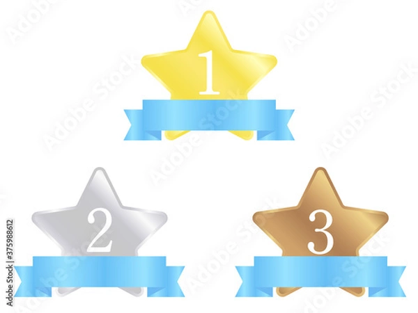 Fototapeta Gold, silver and bronze medals of star shape with blue ribbon. Vector illustration.