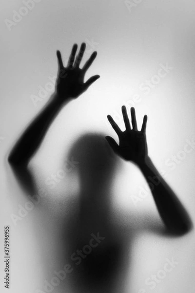 Fototapeta Ghost concept shadow of a woman behind the matte glass blurry hand and body soft focus