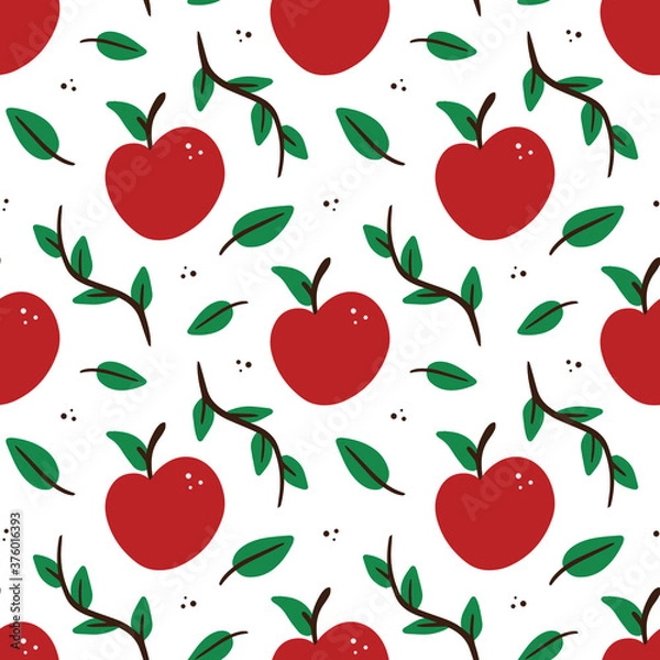 Fototapeta Red apples and green branches with leaves vector cartoon style seamless pattern background.
