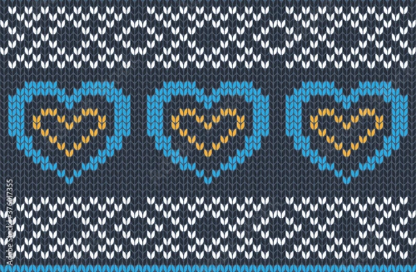 Obraz Vector seamless Knitting Pattern in blue, yellow and white colors. Autumn, Christmas and Winter holiday Sweater Design with hearts. Fair Isle with purl stitch method. Scheme for plane knitting.