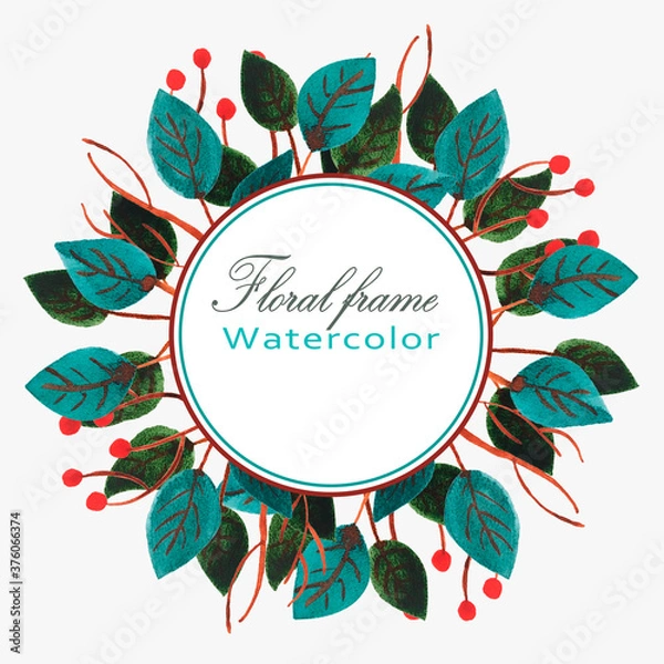 Fototapeta Watercolor floral frame. Botanical wreath. Greenery illustration on a white background. Postcard, poster, banner with space for text