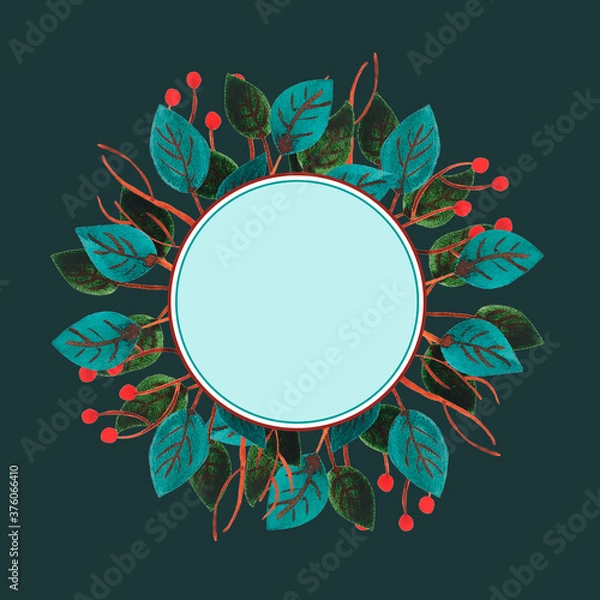 Fototapeta Watercolor floral frame. Botanical wreath. Greenery illustration on a dark background. Postcard, poster, banner with space for text