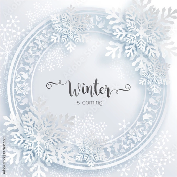 Fototapeta Snowflakes design for winter with place text space. Snowflakes background patterned paper cut art and craft style on paper color background.