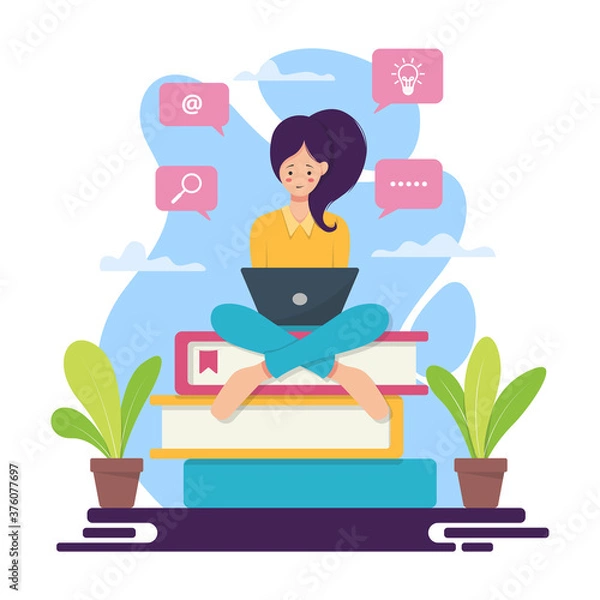 Fototapeta A girl learning online. Flat art vector.