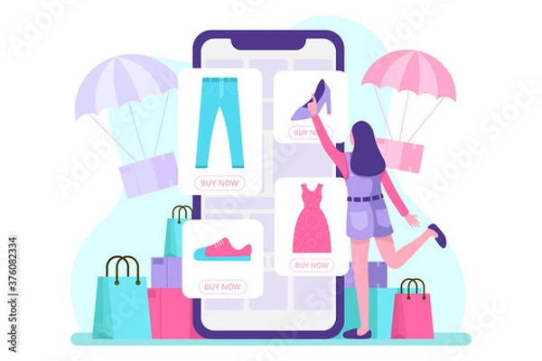 Fototapeta Mobile ecommerce illustration. Flat art vector.