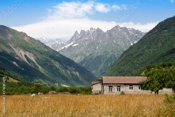 Fototapeta Amazing mountain landscape in Svaneti, Georgia on a sunny day. At the foot of a single-story building and field with yellow plants. Magnificent Caucasus.