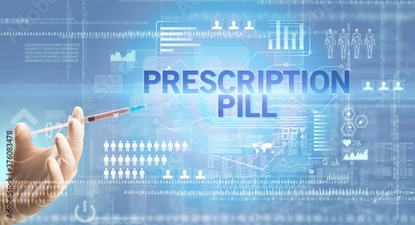 Fototapeta Close-up view of doctor's hand in a white glove holding syringe with PRESCRIPTION PILL inscription, healthcare and medical concept