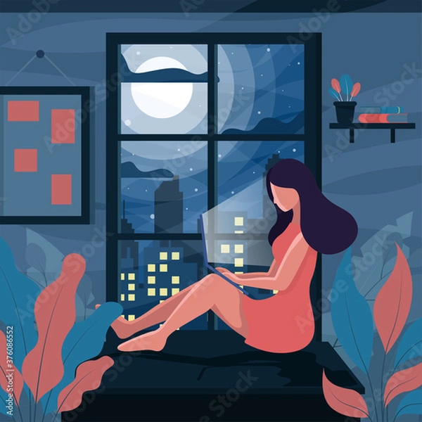 Fototapeta working at midnight. Flat Art vector.