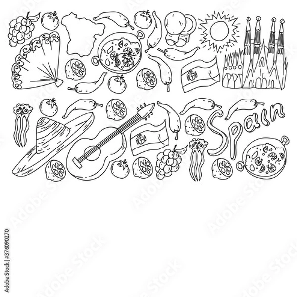 Obraz Spain travel. Coloring page. Pattern with spanish vector doodles elements. Eat spanish food. Play spanish guitar, dance flamenco. Traditional icons of bull, wine, dresses.