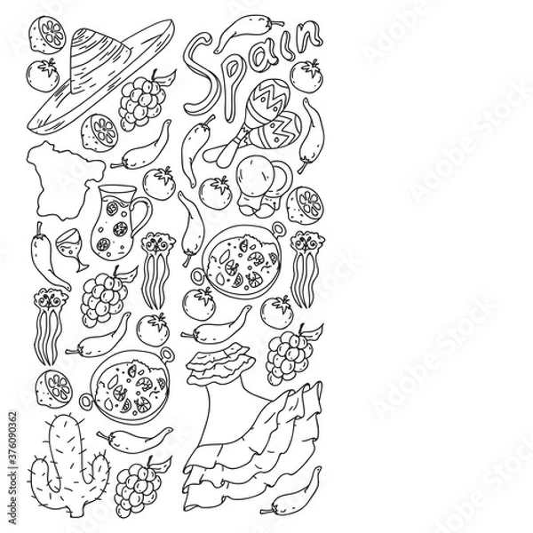 Obraz Spain travel. Coloring page. Pattern with spanish vector doodles elements. Eat spanish food. Play spanish guitar, dance flamenco. Traditional icons of bull, wine, dresses.