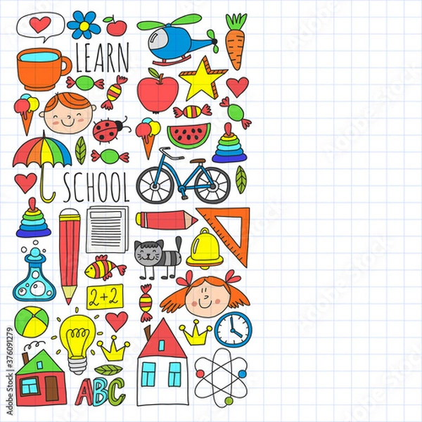Fototapeta Back to School vector doodle set. Supplies for sport, art, reading, science, geography, biology, physics, mathematics, astronomy, chemistry.