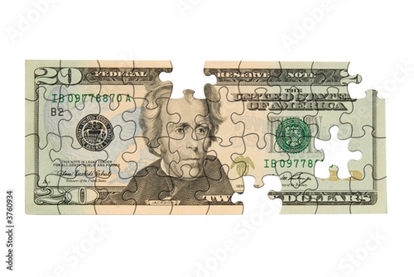 Obraz Twenty dollar bill with pieces missing isolated over white