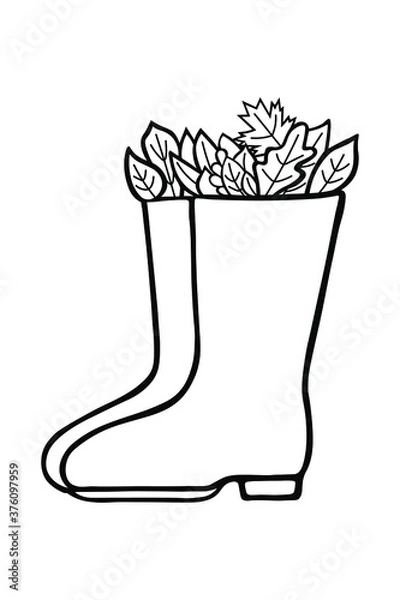 Fototapeta Leaves in rubber boots, cozy autumn in ink Isolated on white background. Hand drawn vector decorative element in doodle style can be used for invitation and decoration, postcard, banner or website