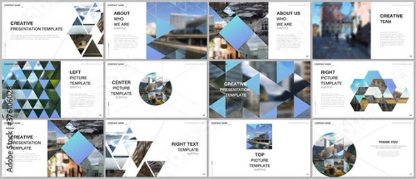 Obraz Presentation design vector templates, multipurpose template with triangles, triangular pattern for presentation slide, flyer, brochure cover design, infographic report. Background with place for photo