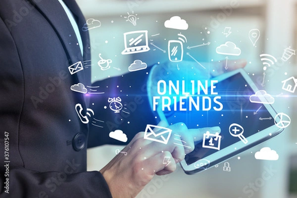 Fototapeta Close-up Of A Person Using Social Networking with ONLINE FRIENDS inscription