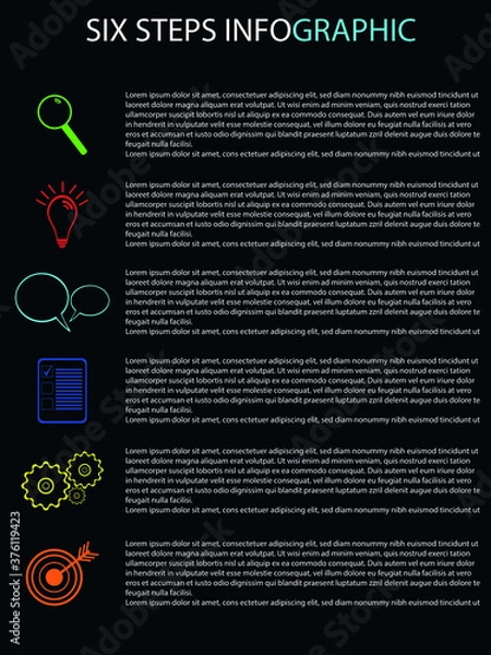 Obraz Simple six step infographic diagram. Workflow template. Information vector concept. Work process symbols. Infographic template with pictograms.