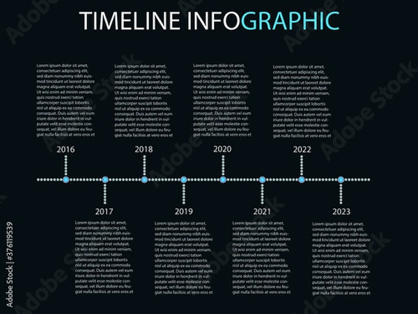 Obraz Infographic timeline template with points and years. Project development. Company procedure. Blue dots with metal edges.