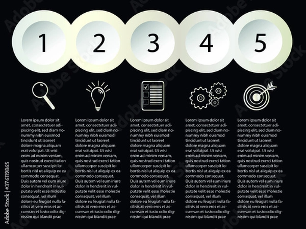Obraz Five step infographic diagram. Workflow template. Information vector concept. Work process symbols.