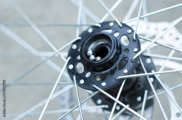 Fototapeta Bicycle wheel repair. Replacing the bearings on the front hub.