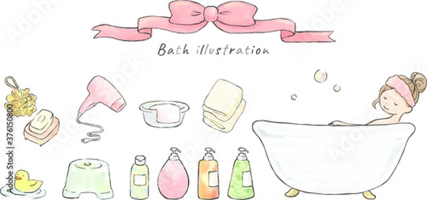 Obraz 入浴する女性とバス用品のイラストセット