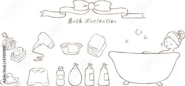 Obraz 入浴する女性とバス用品の線画イラストセット