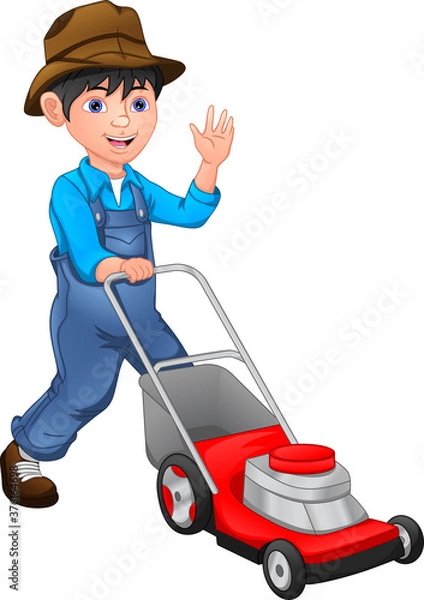 Fototapeta happy  boy is mowing the lawn with the lawn mower