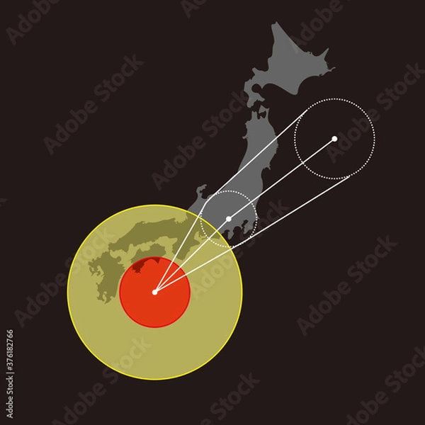 Obraz 日本列島を直撃する進路をとる台風のベクターイラスト。黒背景。