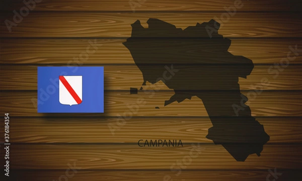Fototapeta Map and flag of Campania, on a wooden background, region of Italy, 3D illustration