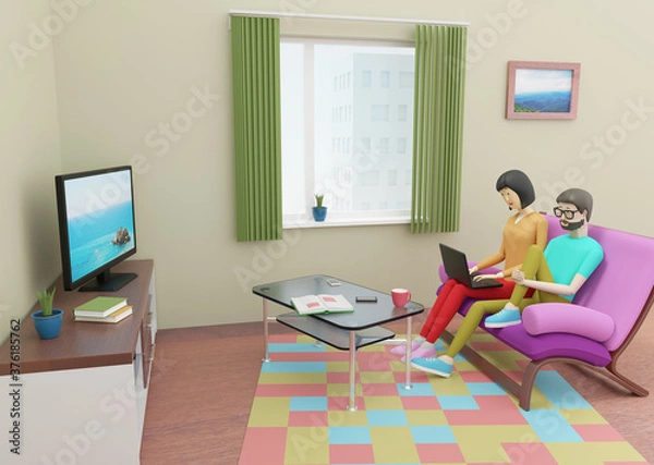 Fototapeta Man and a woman are sitting on a sofa and watching tv at home. 3d illustration