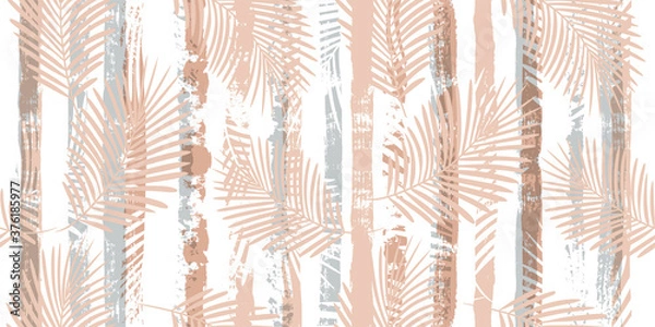 Fototapeta Tropical pattern, palm leaves seamless vector floral background. Exotic plant on pastel stripes print illustration. Summer nature jungle print. Leaves of palm tree on paint lines. ink brush strokes
