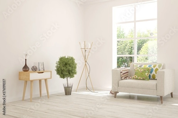 Fototapeta White living room with armchair and green landscape in window. Scandinavian interior design. 3D illustration