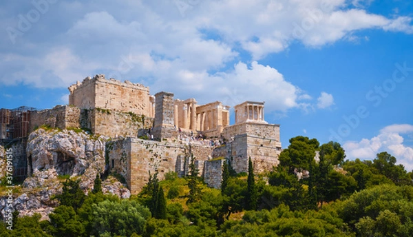 Obraz View of Acropolis hill from Areopagus hill on summer day with great clouds in blue sky, Athens, Greece. UNESCO heritage. Propylaea gate, Parthenon.