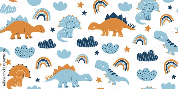 Fototapeta Cute vector seamless pattern with dinosaurs, stars, clouds, rainbows on white background. Dino pattern for kids textile, clothing, fabrics. Scandinavian pattern in hand drawn doodle style