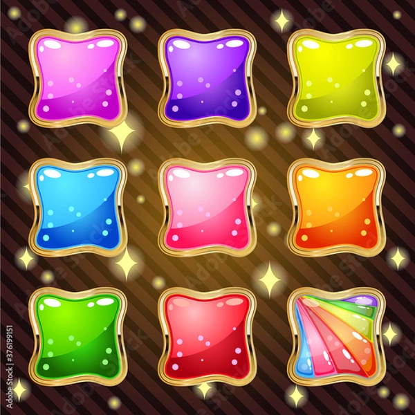 Obraz Jelly in border gold for match 3 puzzle game 9 colors. Vector illustration.