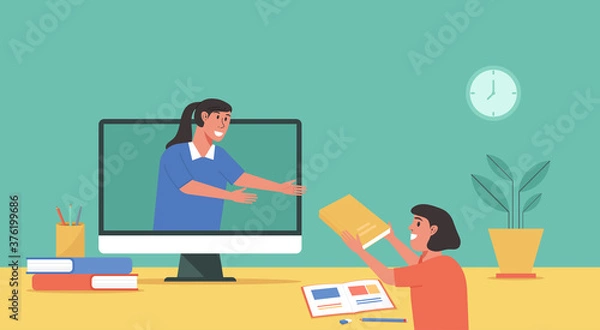Fototapeta online class, online education concept, distance learning from home, student using computer assign homework to teacher, vector flat illustration