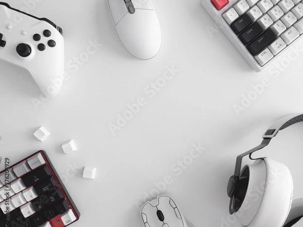 Fototapeta gamer work space concept, top view a gaming gear, mouse, keyboard, joystick and headset.