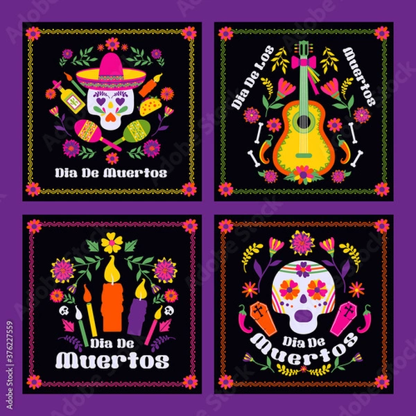 Obraz Dias de los Muertos typography banners vector. Mexico design for fiesta cards or party invitation, poster. Flowers traditional mexican frame with floral letters on black background.