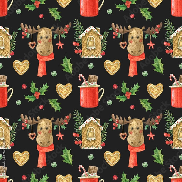 Obraz Seamless watercolor pattern for a New Year theme with an illustration of a Christmas deer, a red cup with chocolate and caramel, and a gingerbread house.