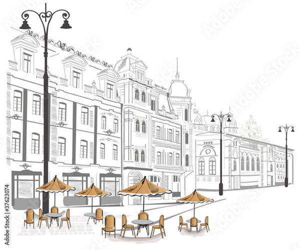 Fototapeta Series of street cafe in sketches